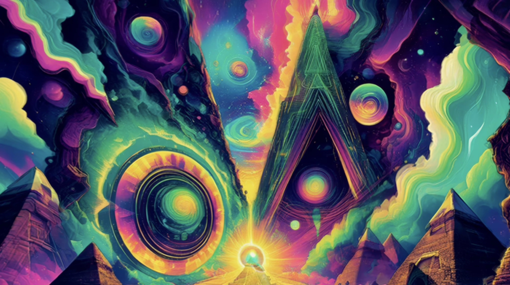 Infinite mirrored corridors and fractured pyramids representing the splitting of the self in these 4K LSD visuals.